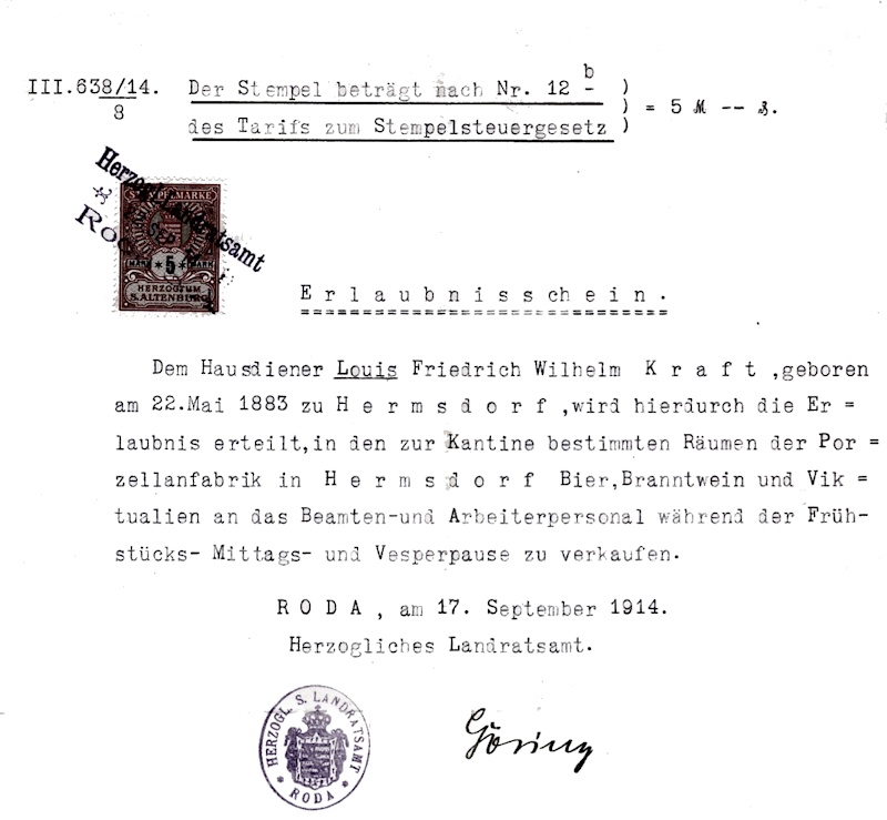 Erlaubnisschein vom 17.09.1914 zum Verkauf von Bier, Branntwein und Viktualien in der Kantine der HESCHO.